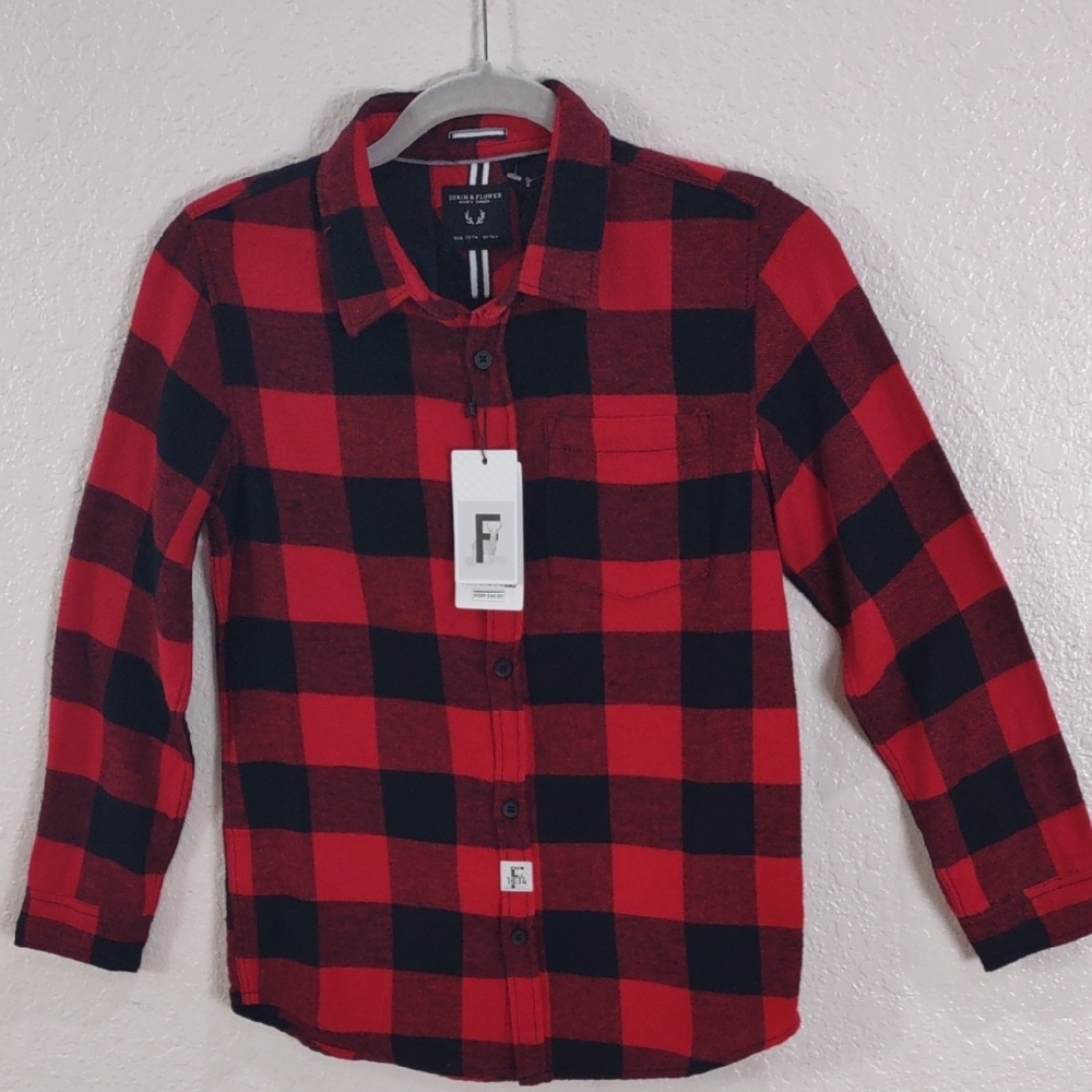 DENIM& FLOWER, Size 13/14,Kids Red and Black Plaid Shirt - Picture 8 of 17